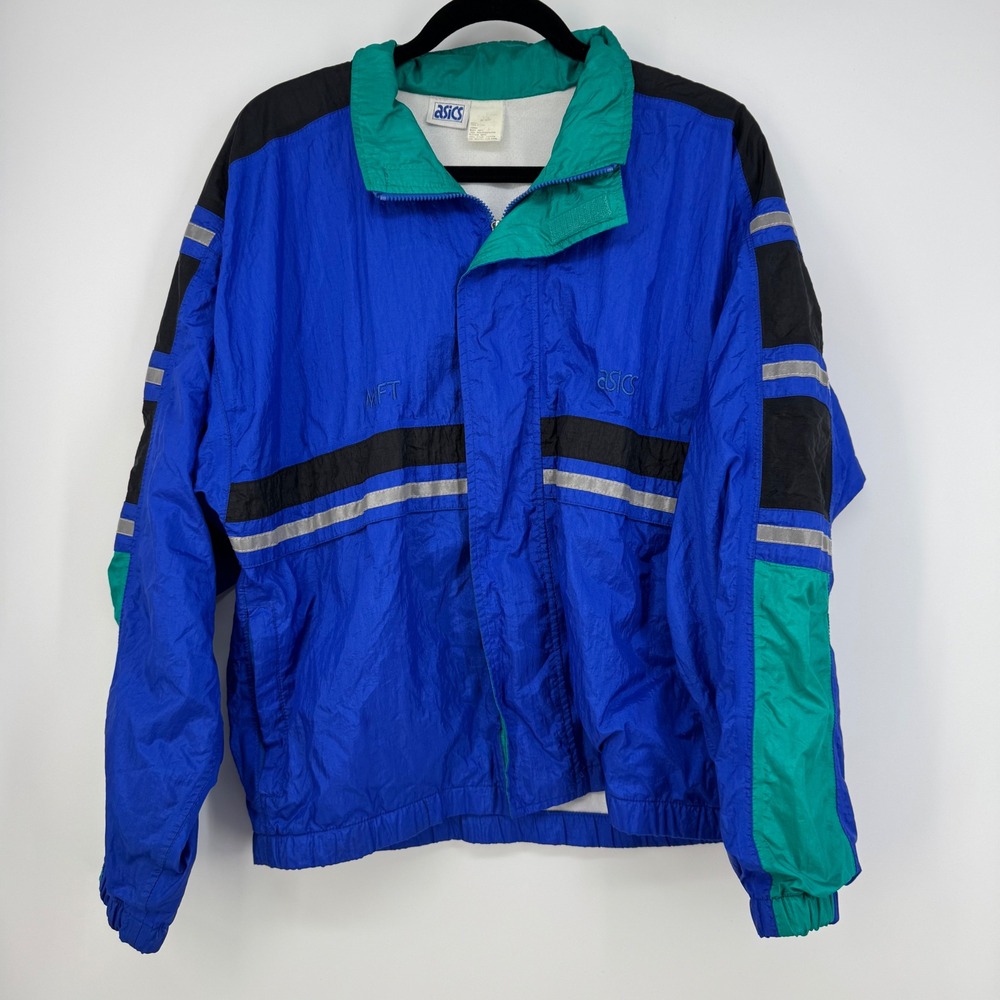 Vintage‎ Asics Windbreaker Jacket Full Zip Blue Teal Black Mens Size Large